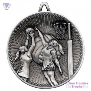 Netball Deluxe Medal Ant Silver 2.35in