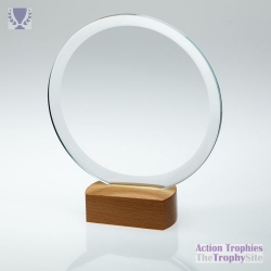 Clear Glass Circle on Light Wood Base 8in