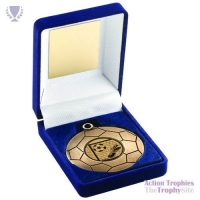 Blue Velvet Box & 50mm Football Medal Trophy Ant Gold 3.5in