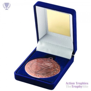 Blue Velvet Box & 50mm Medal Football Trophy Bronze 3.5in