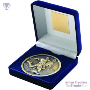 Blue Velvet Box & 70mm Medal Football Trophy Ant Gold 4in