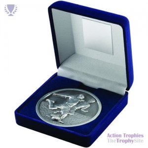 Blue Velvet Box & 70mm Medal Football Trophy Ant Silver 4in