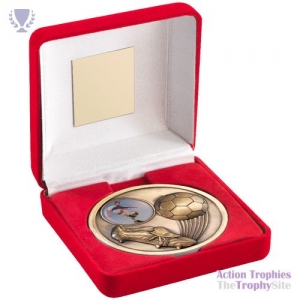 Red Velvet Box & 70mm Medal Football Trophy Ant Gold 4in