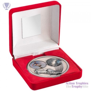 Red Velvet Box & 70mm Medal Football Trophy Ant Silv 4in