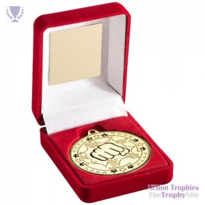 Red Velvet Box & 50mm Medal Martial Arts Gold 3.5in