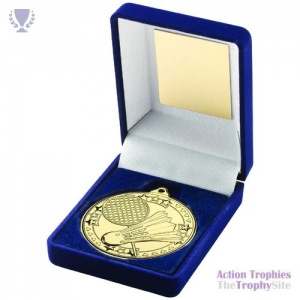 Blue Velvet Box & 50mm Medal Badminton Trophy Gold 3.5in