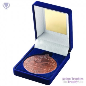 Blue Velvet Box & 50mm Medal Swimming Trophy Bronze 3.5in