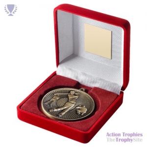 Red Velvet Box & 60mm Medal Golf Trophy Gold 4in