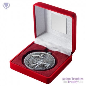 Red Velvet Box & 60mm Medal Golf Trophy Silver 4in