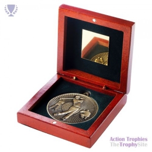 Rosewood Box & 60mm Medal Golf Trophy Ant Gold 4.25in