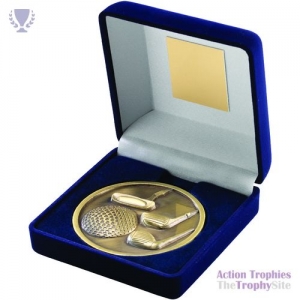 Blue Velvet Box & 70mm Medal Golf Trophy Ant Gold 4in
