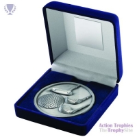 Blue Velvet Box & 70mm Medal Golf Trophy Ant Silver 4in
