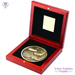 Rosewood Box & 70mm Medal Golf Trophy Ant Gold 4.5in
