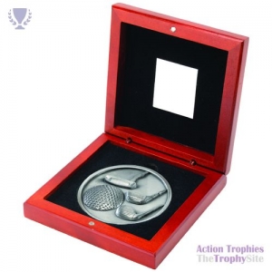 Rosewood Box & 70mm Medal Golf Trophy Ant Silver 4.5in