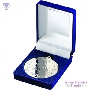 Blue Velvet Box & 50mm Medal Horse Trophy Silver 3.5in