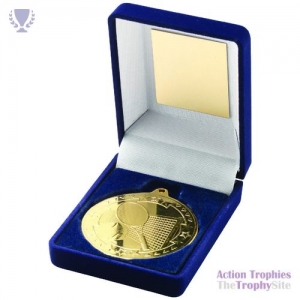 Blue Velvet Box & 50mm Medal Tennis Trophy Gold 3.5in