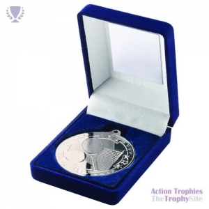 Blue Velvet Box & 50mm Medal Tennis Trophy Silver 3.5in