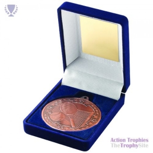 Blue Velvet Box & 50mm Medal Tennis Trophy Bronze 3.5in