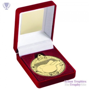 Red Velvet Box & 50mm Medal Table Tennis Trophy Gold 3.5in