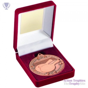 Red Velvet Box & 50mm Medal Table Tennis Trophy Bronze 3.5in