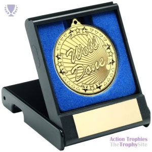 Black Plastic Box 50mm Gold Well Done Medal Trophy 3.5in
