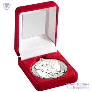 Red Velvet Box & 50mm Medal Rugby Trophy Silver 3.5in
