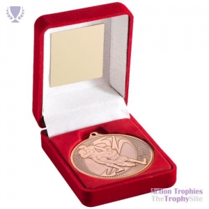 Red Velvet Box & 50mm Medal Rugby Trophy Bronze 3.5in