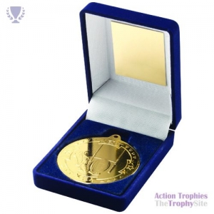 Blue Velvet Box & 50mm Medal Rugby Trophy Gold 3.5in