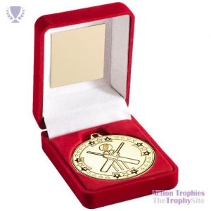 Red Velvet Box & 50mm Medal Cricket Trophy Gold 3.5in