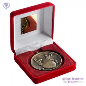 Red Velvet Box & 60mm Cricket Medal Ant Gold 4in