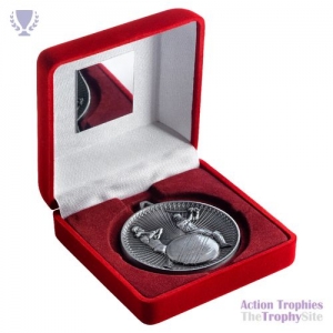 Red Velvet Box & 60mm Cricket Medal Ant Silver 4in