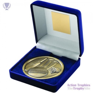 Blue Velvet Box & 70mm Medal Cricket Trophy Ant Gold 4in