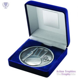 Blue Velvet Box & 70mm Medal Cricket Trophy Ant Silver 4in