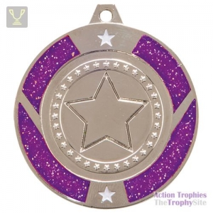 Glitter Star Medal Silver & Purple 50mm