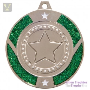 Glitter Star Medal Silver & Green 50mm