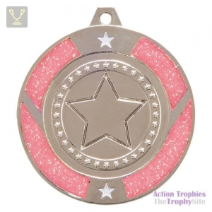 Glitter Star Medal Silver & Pink 50mm
