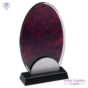 Red Marble Backed Clear Glass Oval Silver & Black Base 7in